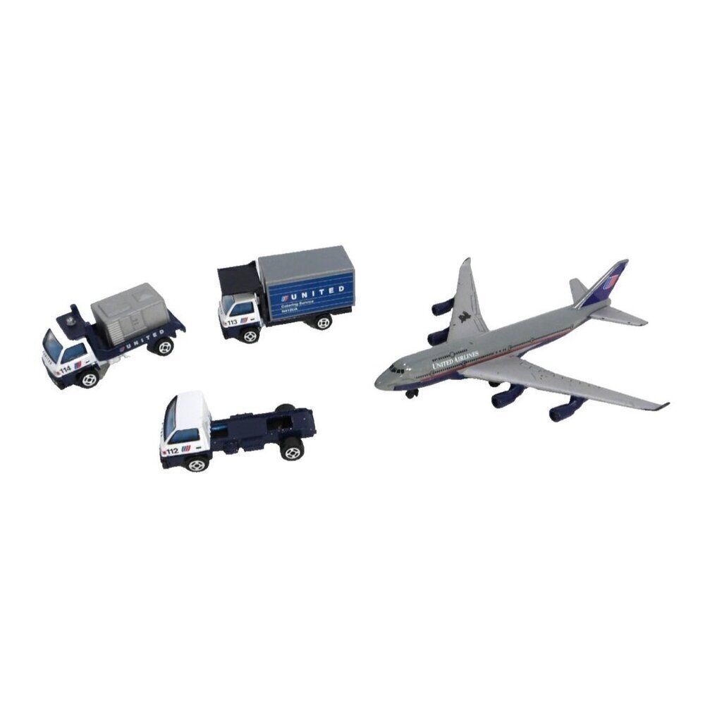UNITED AIRLINES plastic & metal tiny plane and three trucks set of four vehicles